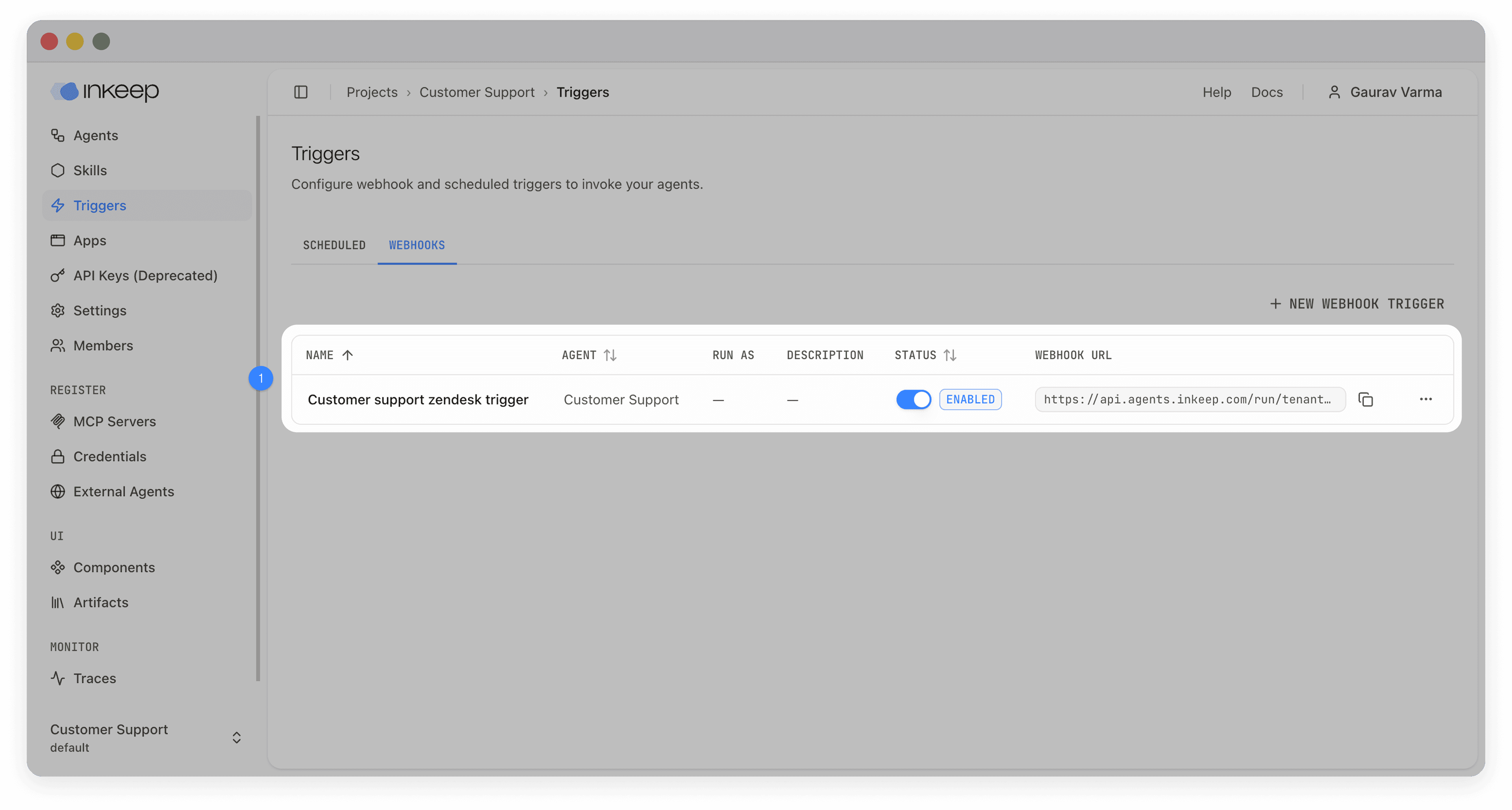 Webhooks tab with the new webhook URL